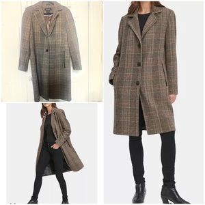 DKNY Plaid Faux Leather Trim Walker Coat - Brown Plaid